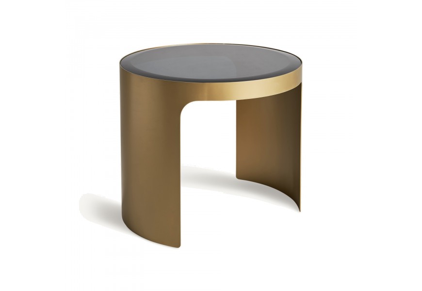 Luxusní art deco zlato černý příruční stolek Moneo s neprůhlednou skleněnou vrchní deskou a kovovou podstavou se dvěma širokými nožičkami