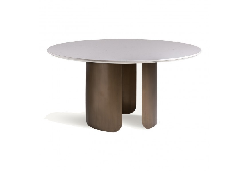 Luxusní bílo hnědý jídelní stůl Petalos se třemi kovovými zahnutýma nohama a vrchní deskou s mramorovým vzhledem
