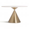 Luxusní art deco bílý kulatý jídelní stůl Cronos s kamennou vrchní deskou a zlatou nohou 120 cm