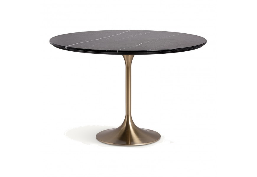 Luxusní černý kulatý jídelní stůl Rebecca se zlatou kovovou nohou a kamennou vrchní deskou s mramorovým designem ze sintrovaného kamene