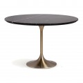 Luxusní černý kulatý jídelní stůl Rebecca se zlatou kovovou nohou a kamennou vrchní deskou s mramorovým designem ze sintrovaného kamene
