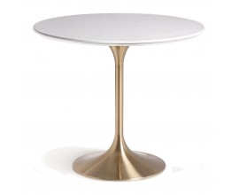 Luxusní art deco kulatý jídelní stůl Rebecca s bílou mramorovou deskou a nohou ve zlaté barvě 90 cm