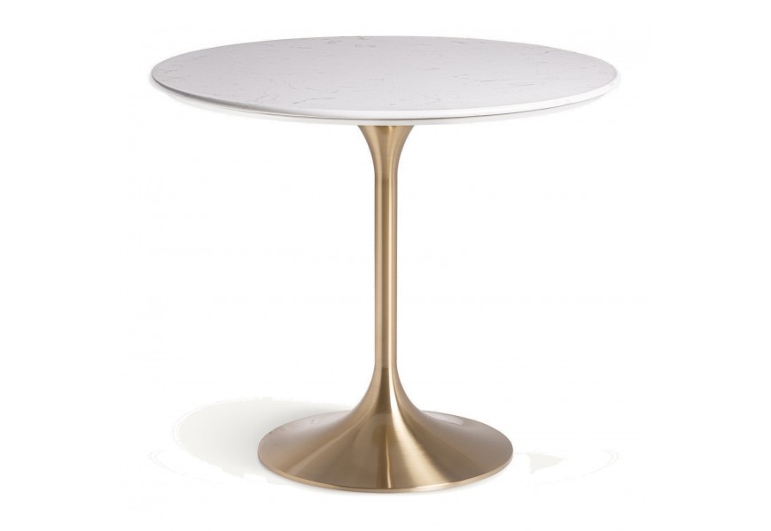 Luxusní bílo zlatý kulatý jídelní stůl Rebecca s mramorovou vrchní deskou a tenkou kovovou nohou s rozšířenou podstavou
