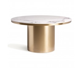 Luxusní art deco kulatý jídelní stůl Dorienne se zlatou nohou a bílou vrchní deskou s mramorovým designem 150 cm