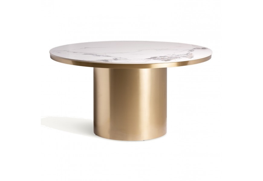 Luxusní bílo zlatý kulatý jídelní stůl Dorienne a mramorovou vrchní deskou a tlustou kovovou nohou