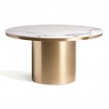 Luxusní bílo zlatý kulatý jídelní stůl Dorienne a mramorovou vrchní deskou a tlustou kovovou nohou