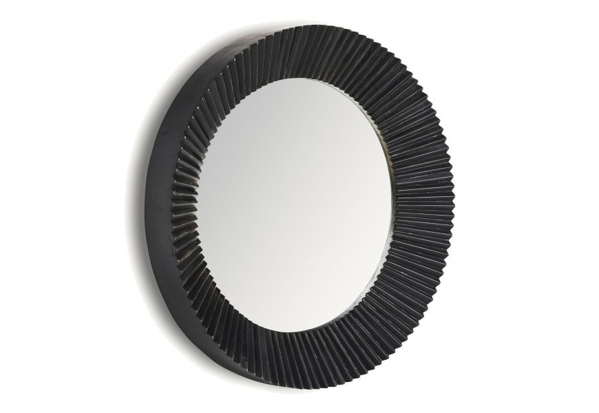 Luxusní moderní kulaté nástěnné zrcadlo Plissé Nero s rámem z mangového dřeva v černé barvě se skládaným harmonikovým designem
