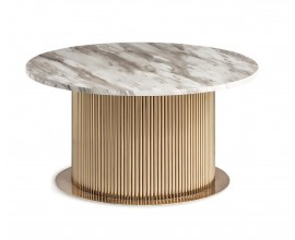 Luxusní kulatý art deco konferenční stolek Pius s bílou mramorovou deskou a zlatou nohou s drážkovaným designem 80 cm