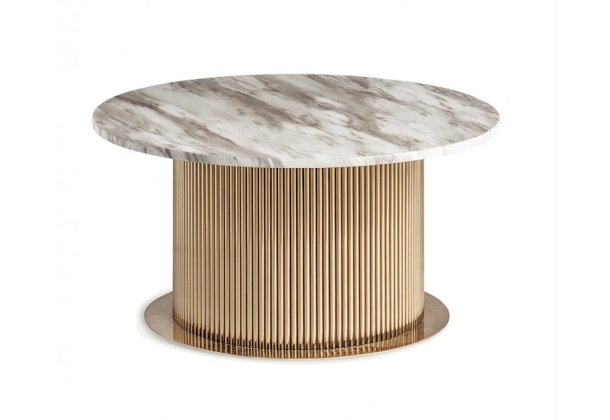 Luxusní kulatý glamour zlato bílý konferenční stolek Pius s mramorovou vrchní deskou s šedou kresbou a tlustou drážkovanou nohou z kovu