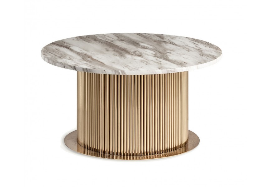 Luxusní kulatý art deco konferenční stolek Pius s bílou mramorovou deskou a zlatou nohou s drážkovaným designem 80 cm