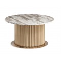 Luxusní kulatý glamour zlato bílý konferenční stolek Pius s mramorovou vrchní deskou s šedou kresbou a tlustou drážkovanou nohou z kovu