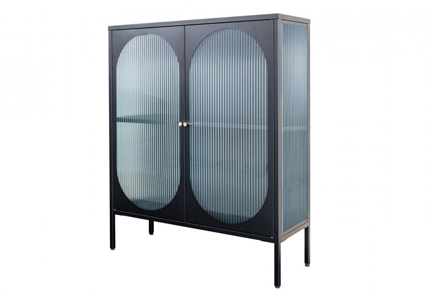Moderní černá industriální barová skříňka Industria Durante s dvojitými dvířky s žebrovaným sklem 110 cm