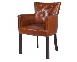 Luxusní hnědá kožená jídelní židle s chesterfield prošíváním z pravé kůže
