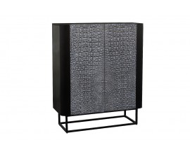 Luxusní černá designová barová skříňka Croco s vyřezávaným šedým reliéfem s krokodýlím vzorem na dvířkách 120 cm