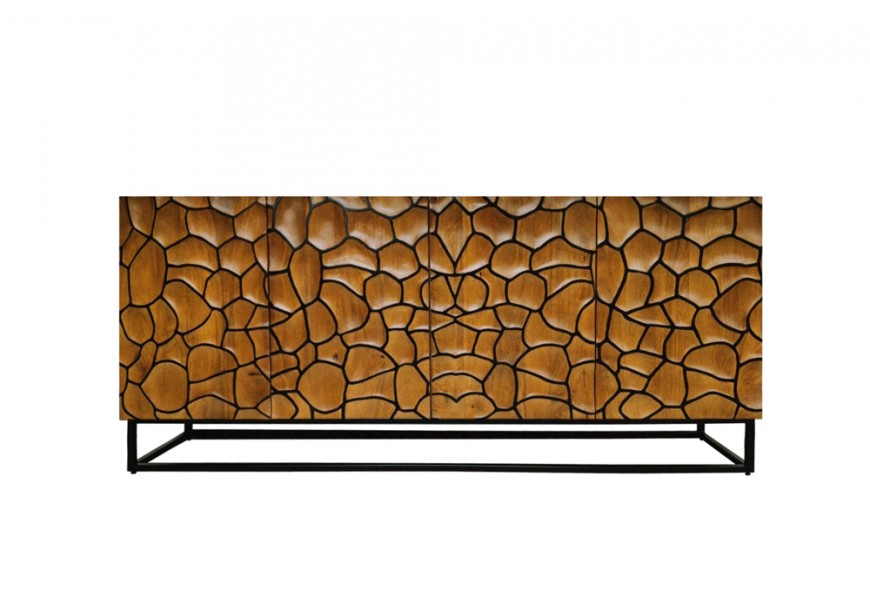 Designový masivní čtyřdveřový příborník Timanfaya s mozaikovým zdobením z mangového dřeva v medové hnědé barvě 177 cm