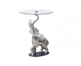 Designový glamour kulatý příruční stolek Balarama se stříbrnou podstavou ve tvaru slona na mramorovém podstavci a vrchní deskou z bezpečnostního skla
