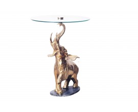 Designový zlatý glamour příruční stolek Balarama s figurou slona a skleněnou vrchní deskou 75 cm