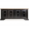 Luxusní čtyřdveřový černý vintage příborník Laurent s vyřezávaným zdobením a přírodní hnědou vrchní deskou 220 cm