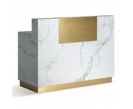 Luxusní art deco bílý barový pult Moraira s mramorovým designem a zlatými metalickými prvky s policemi 150 cm
