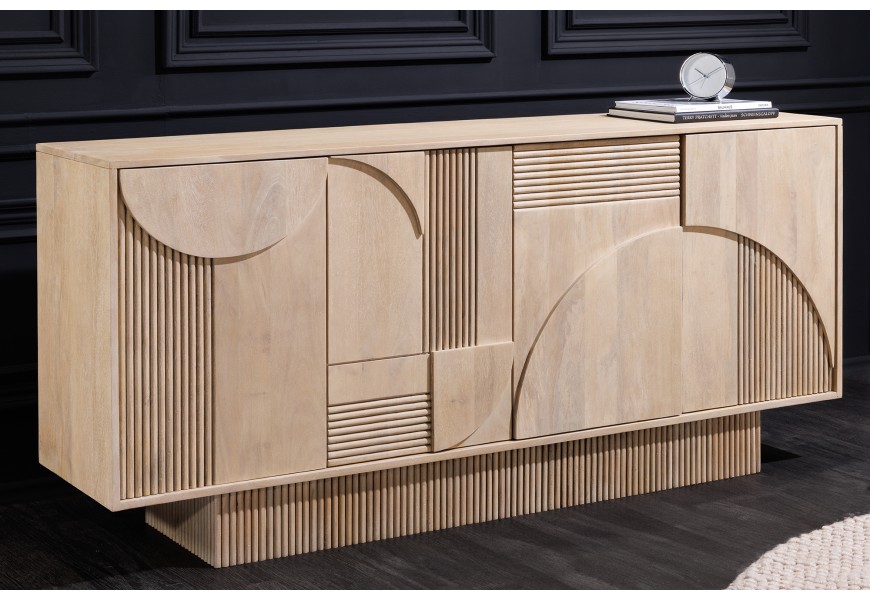 Designový art deco čtyřdveřový příborník Sonia s geometrickým reliéfem z běleného dřeva ve světle béžové barvě 170 cm