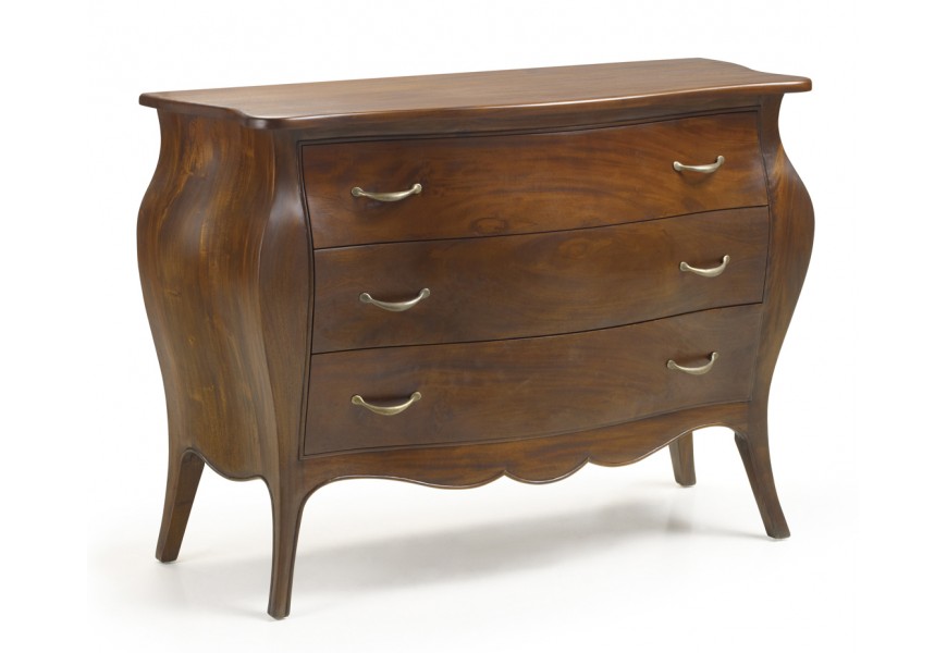 Luxusní mahagonově hnědá komoda M-Vintage v koloniálním stylu s obloukovým tvarem chippendale a cabriolovými nožičkami se třemi šuplíky