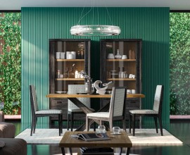 Luxusní moderní sestava nábytku do jídelny Lyon z tmavého masivního dřeva se světlou hnědou deskou stolu s atypickou podstavou a židlemi s čalouněním ve světlé barvě