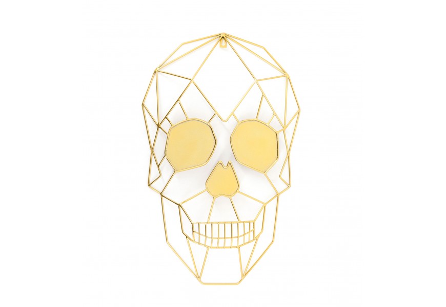 Moderní art deco závěsná nástěnná dekorace Morty z kovu ve zlaté barvě s geometrickým designem lebky