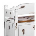 Designová bílá vintage lavice do předsíně nebo obývacího pokoje v bílé a hnědé barvě s venkovským nádechem s vyřezávanými detaily