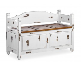 Designová vintage lavice Mindy z masivního dřeva v bílé a hnědé barvě 110 cm