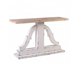 Vintage orientálny konzolový stolík Semi s hnědou vrchní doskou a vyřezávanou bílou podstavou se zošúchaným efektem 122 cm