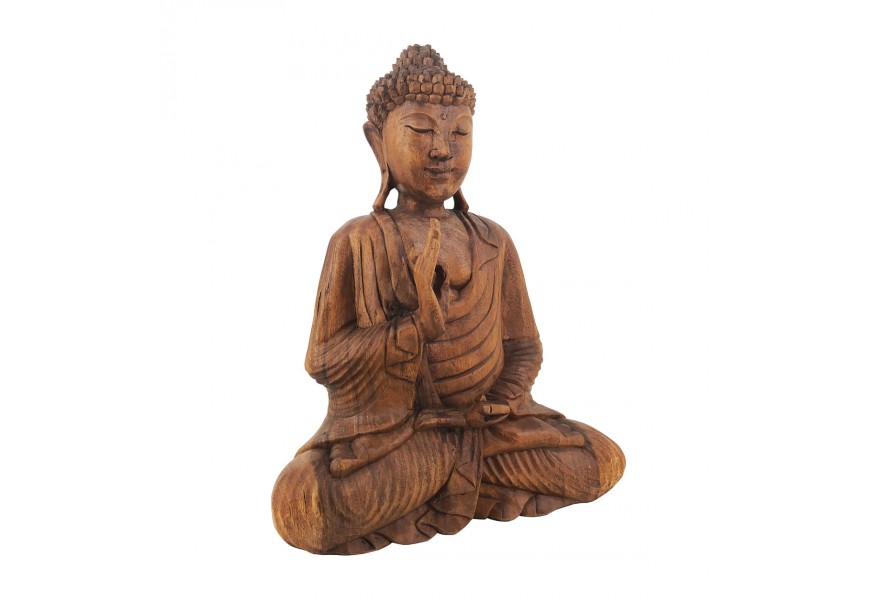 Stylová dekorace Buddha v etno stylu z masivního suarového dřeva v hnědé barvě s orientálním nádechem