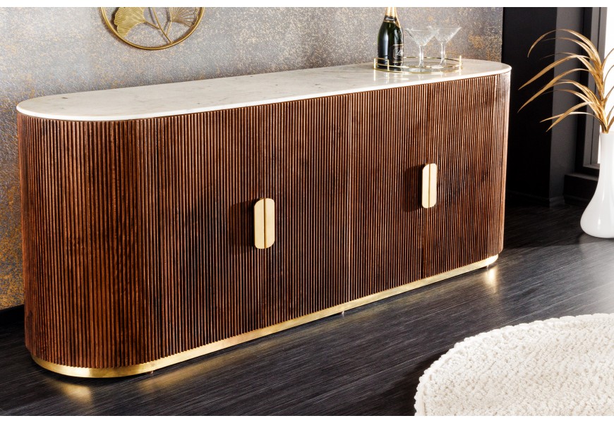 Luxusní art deco oválný čtyřdveřový příborník Gatsby z mangového dřeva s mramorovou vrchní deskou hnědá bílá 180 cm