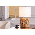 Designová masivní stolní lampa Egura s dřevěnou hnědou podstavou a kulatým bílým stínítkem 45 cm
