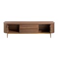 Luxusn&iacute; art deco TV stolek Vita Naturale z hněd&eacute;ho ořechov&eacute;ho dřeva se zlat&yacute;mi detaily se dvěma skř&iacute;ňkami a z&aacute;suvkami 220 cm