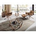 Luxusní designový kulatý příruční stolek Forma Moderna se zvlněnou dřevěnou hnědou podstavou a skleněnou deskou 50 cm