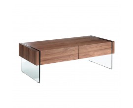 Luxusní moderní ořechově hnědý konferenční stolek Vita Naturale se dvěma šuplíky s průhlednými designovými nožičkami z bezpečnostního skla