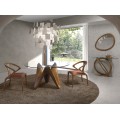 Luxusní moderní skleněný kulatý jídelní stůl Vita Naturale s designovou hnědou dřevěnou podstavou 130 - 140 - 150 cm