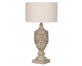 Stylová orientální stolní lampa Reis s válcovým stínítkem v béžové barvě s vyřezávanou ornamentovou hnědou nohou