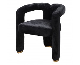 Art deco čalouněná jídelní židle Teddy s designovou opěrkou a onyxovým černým potahem s vysokým vlasem se třemi nohama s ukončením z kovu v lesklé zlaté barvě