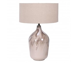 Stylová kovová lampa Saturn s atypickou nožičkou v béžově hnědé barvě s válcovým béžovým stínítkem se lněným potahem