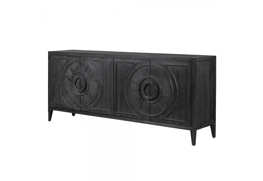 Luxusní artdeco příborník Onyx obdélníkového tvaru z masivního černého dřeva se čtyřmi dvířky s kruhovými ornamenty 210 cm