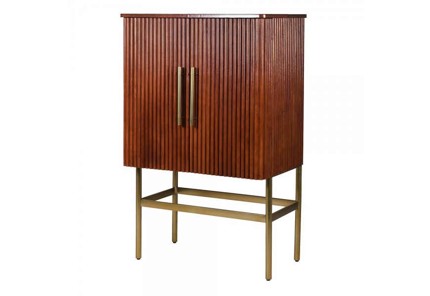 Luxusní barová skříňka Peena ve stylu art deco s hnědým koženým čalouněním a černým koženým interiérem s nohami z nerezové oceli v barvě bronzu