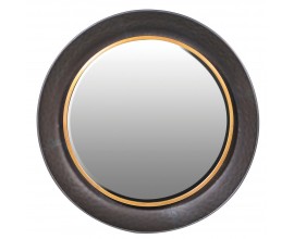 Designové nástěnné zrcadlo art deco Dazzle s kulatým tmavě bronzovým rámem a výraznými zlatými detaily s jemnou strukturou na rámu