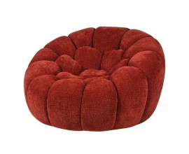 Luxusní designové čalouněné otočné křeslo Poppy kulatého dýňového tvaru s ozdobným prošíváním a textilním potahem s příměsí lnu a vlny v šafránově červené barvě