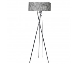 Stylová velká moderní šedá stojací lampa Ander se třemi kovovými stříbrnými nožičkami a válcovým lněným stínítkem 170 cm
