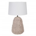 Designová etno stolní lampa se stylovou nohou potaženou béžovým stříkaným textilem as válcovým bílým bavlněným stínítkem