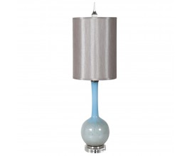 Designová glamour noční lampa Silin s krystalovou oblou nohou v modré barvě as válcovým stínítkem ve stříbrno šedé barvě