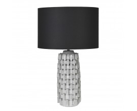 Designová vintage černo-šedá keramická stolní lampa Callix s podstavou s reliéfním geometrickým zdobením a kulatým textilním stínítkem