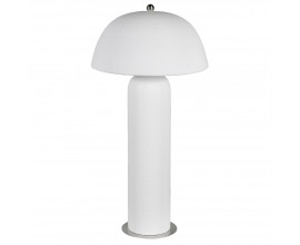 Moderní designová bílá noční lampa Glacií s mohutnou válcovitou nohou a stínítkem kulopovitého tvaru z keramiky se strukturovaným povrchem s designem omítky a kovovými detaily ve stříbrné barvě