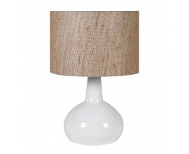 Stylová moderní noční lampa Sara s oblou bílou nohou a válcovým lněným texturovaným stínítkem